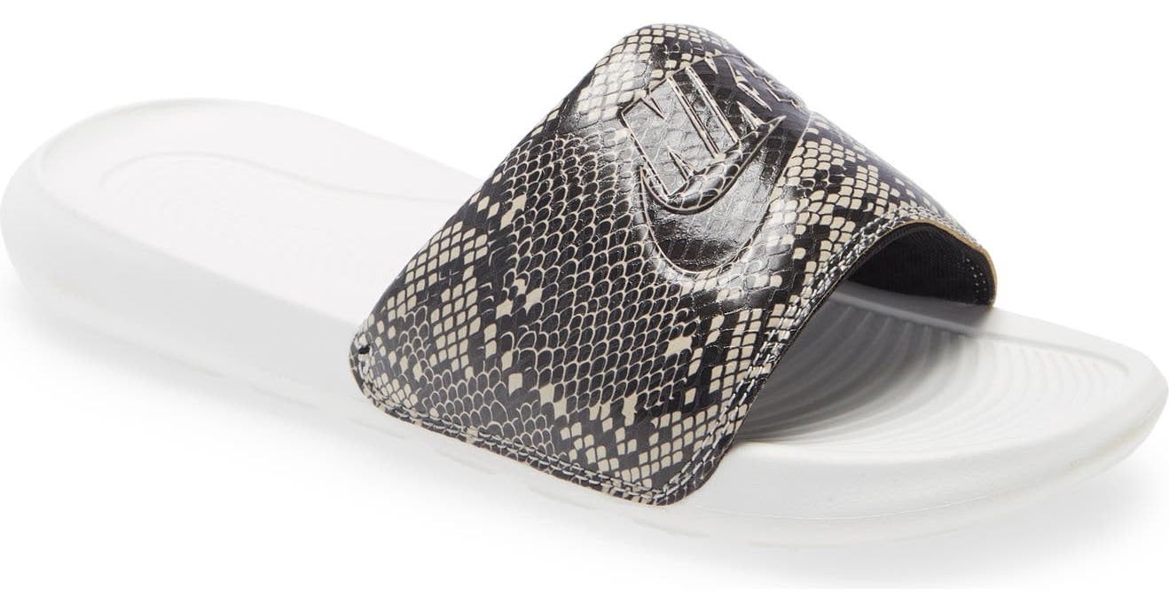 A comfy Nike slide with exotic snake-print straps is exactly what you need for a comfortable summer getup