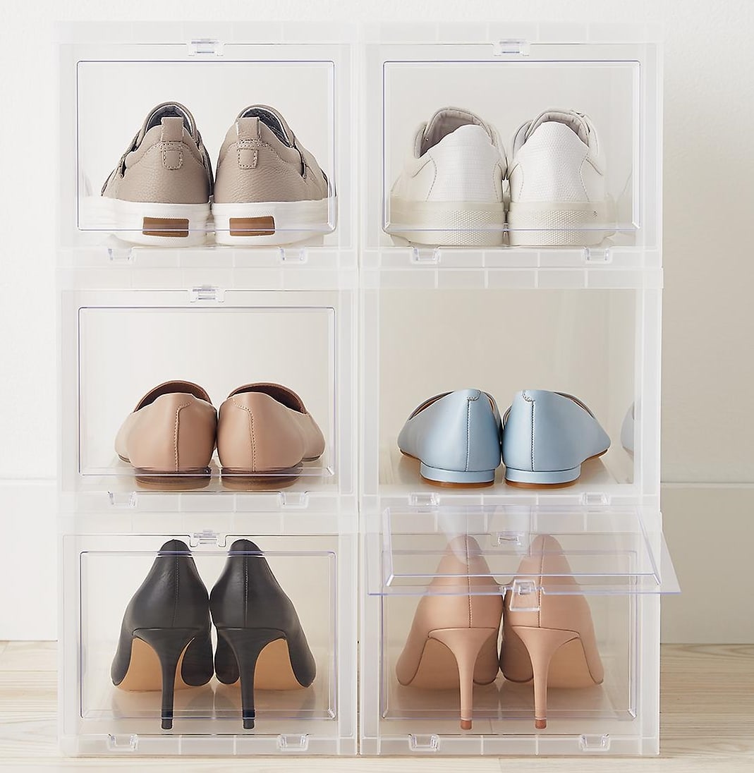 The clear window of this small drop-front shoe box lets you immediately see the pair stored inside