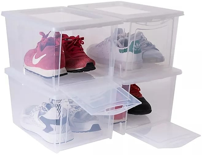 With a convenient drop front opening, this set of clear plastic storage boxes are perfect to store shoes and makes it easy to see what is inside