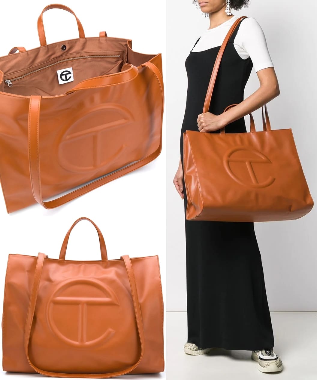 Tan brown leather logo embossed tote bag from Telfar featuring a front embossed logo stamp, a shoulder strap, round top handles, a main internal compartment, an internal zipped pocket and a full lining