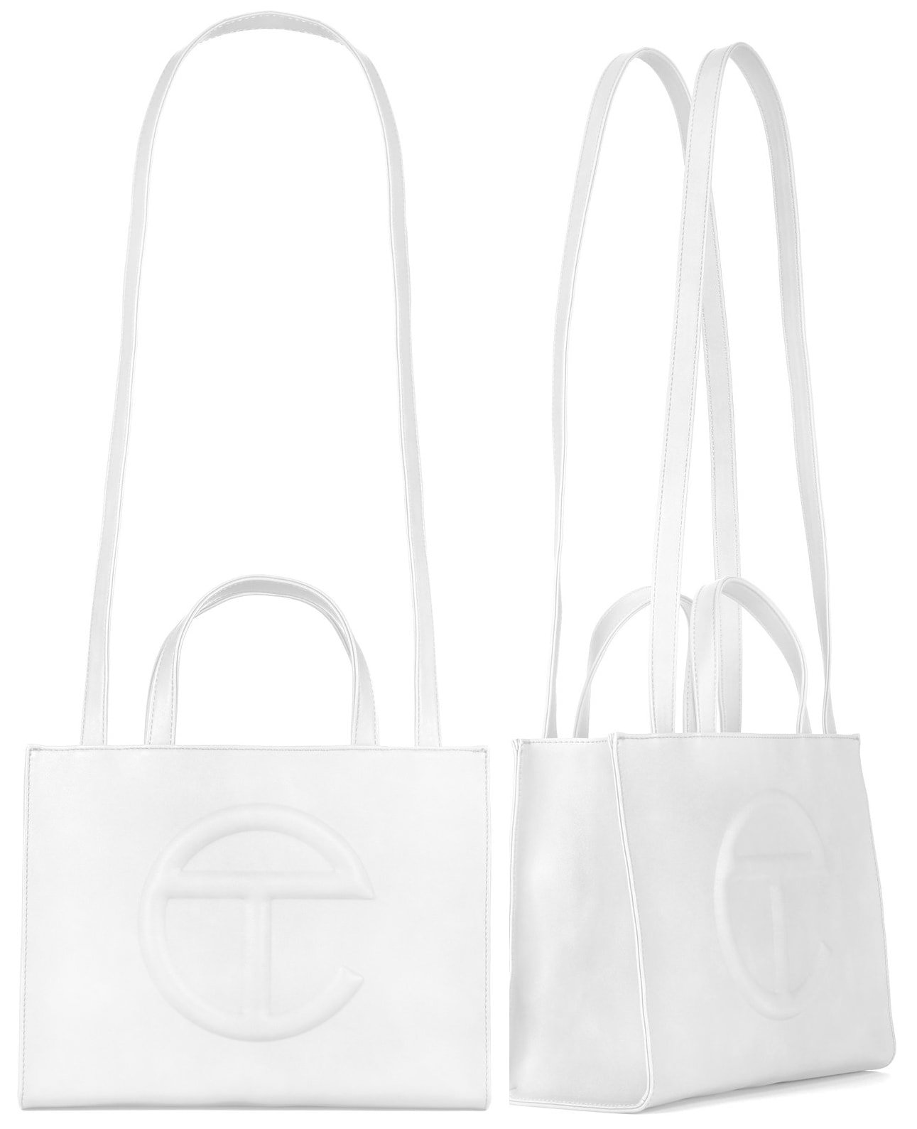 The Telfar medium shopping bag measures 10.75 inches tall, 15 inches wide, and has a depth of five inches