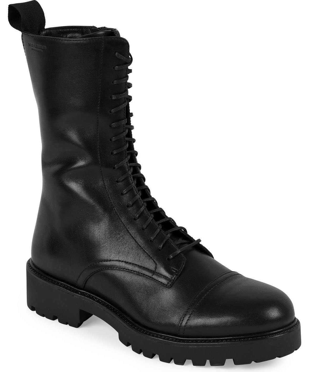 Vagabond Shoemakers' Kenova combat boots have the classic combat boots features—from the leather upper to the cap toes, lace-up fastenings, and lug soles