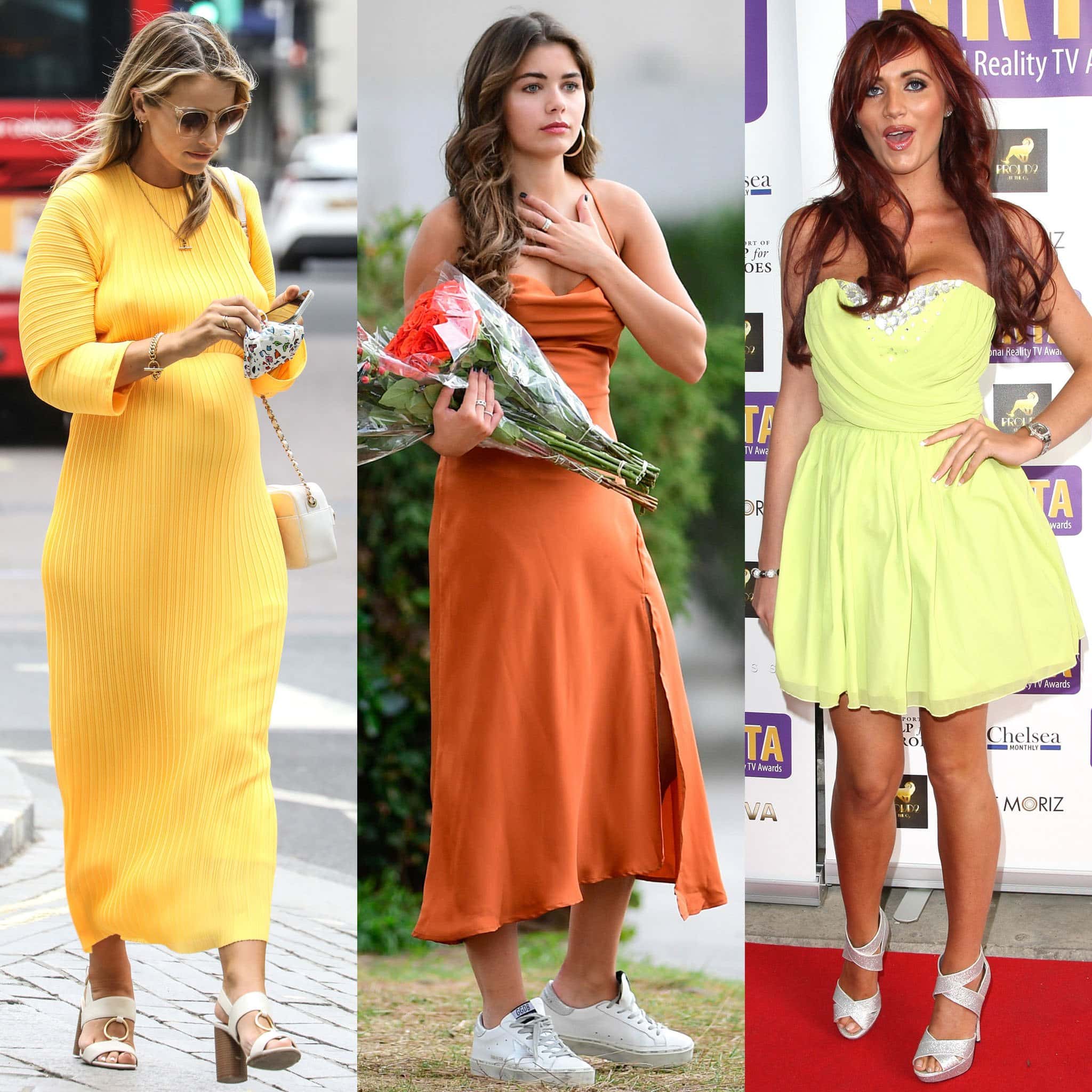 Vogue Williams, Hannah Ann Sluss, and Amy Childs pair their citrus dresses with light-colored shoes