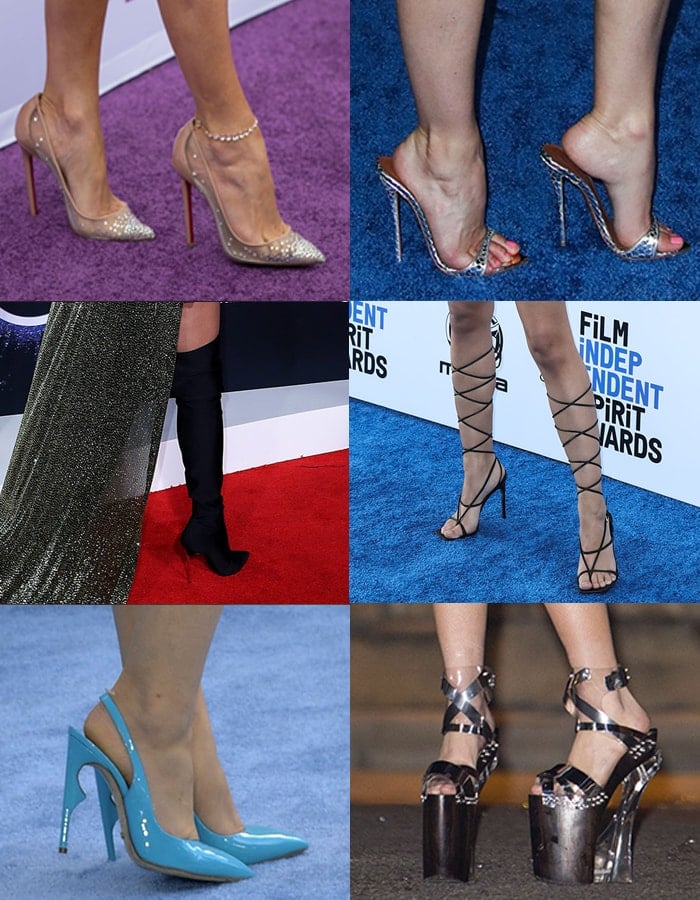 Celebrities showcasing their style in diverse high-heeled shoes, each pair reflecting a unique fashion statement