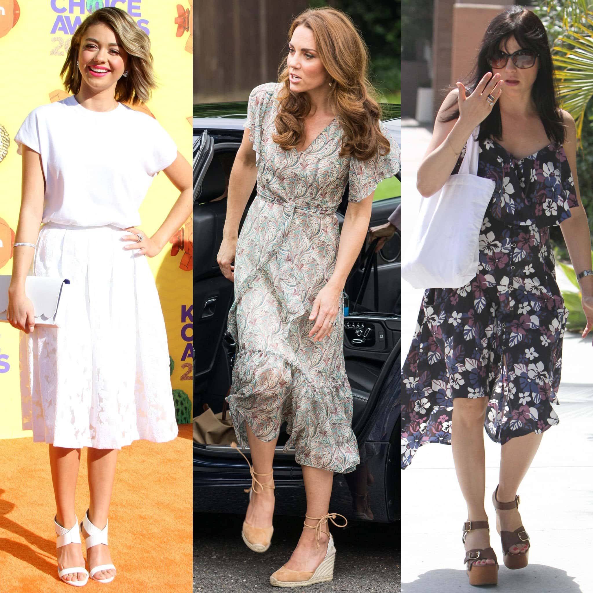 Sarah Hyland, Kate Middleton, and Selma Blair wears summer midi dresses with wedge sandals