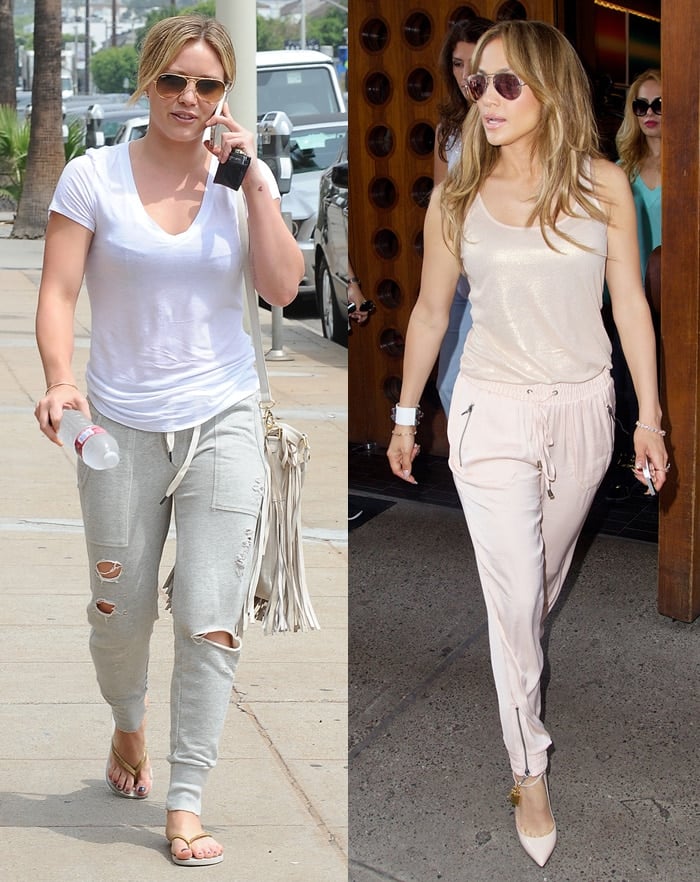 Hilary Duff wears her joggers with a plain tee, while Jennifer Lopez teams hers with a tank top