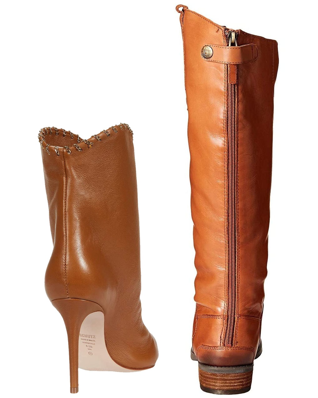 Regular boots (left) can incorporate stiletto heels, while riding boots (right) can only have less than two inches of stacked or blocked heels