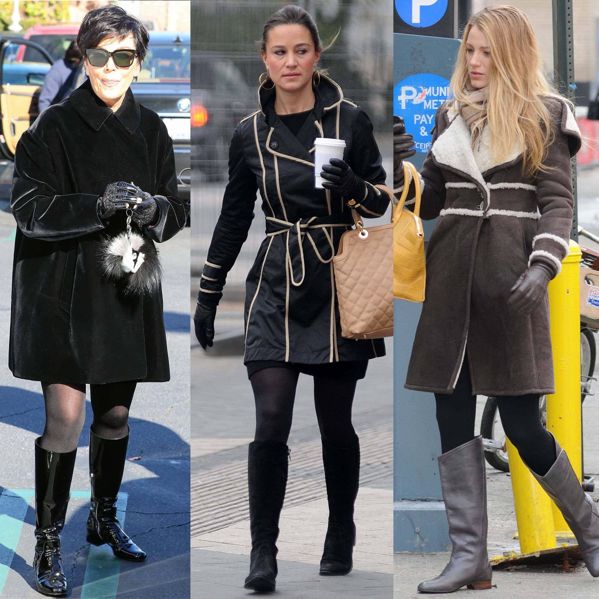 For the colder months, take it from Kris Jenner, Pippa Middleton, and Blake Lively and wear your riding boots with tights and winter coats