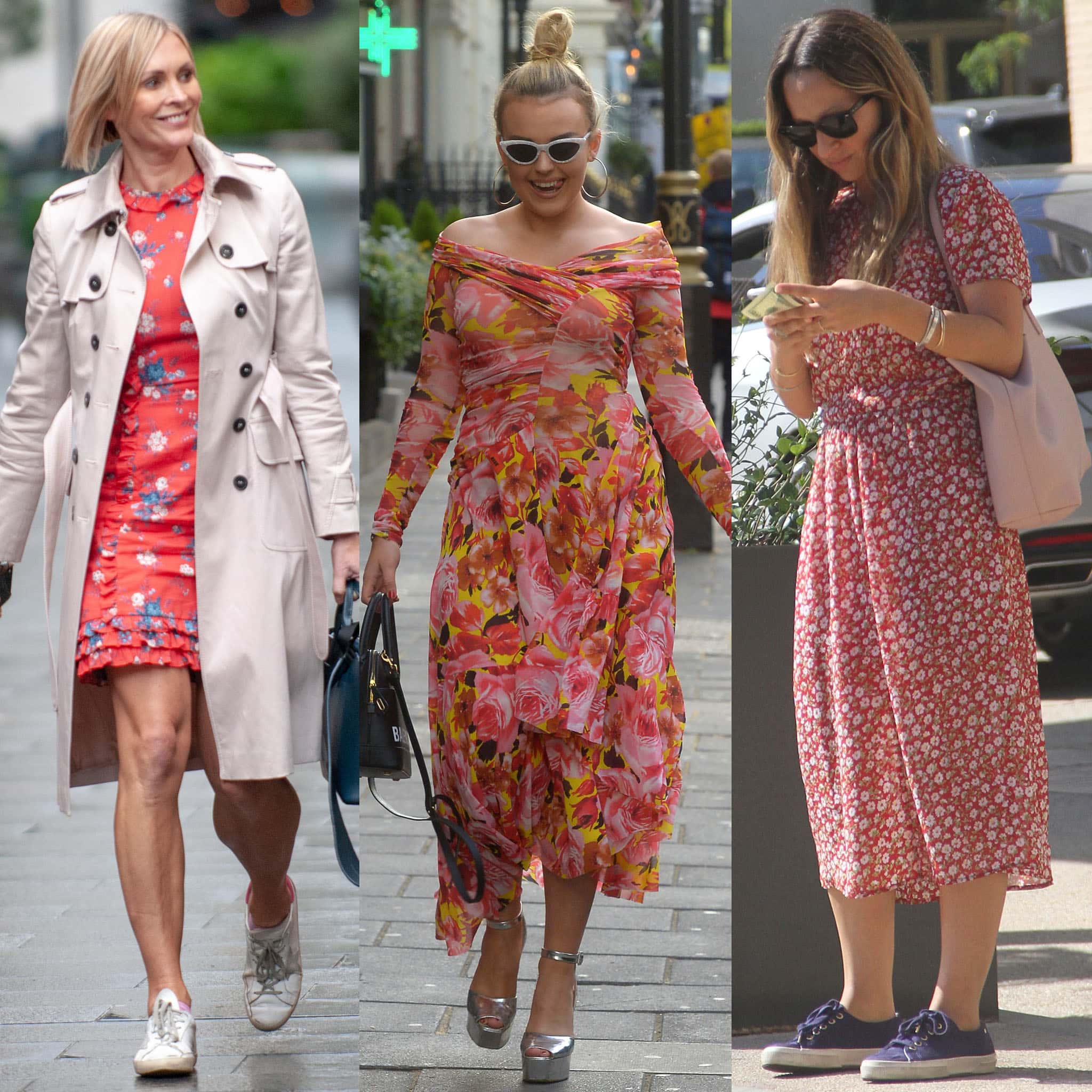 Jenni Falconer, Tallia Storm, and Jennifer Meyer pair their floral dresses with sneakers and peep-toe sandals