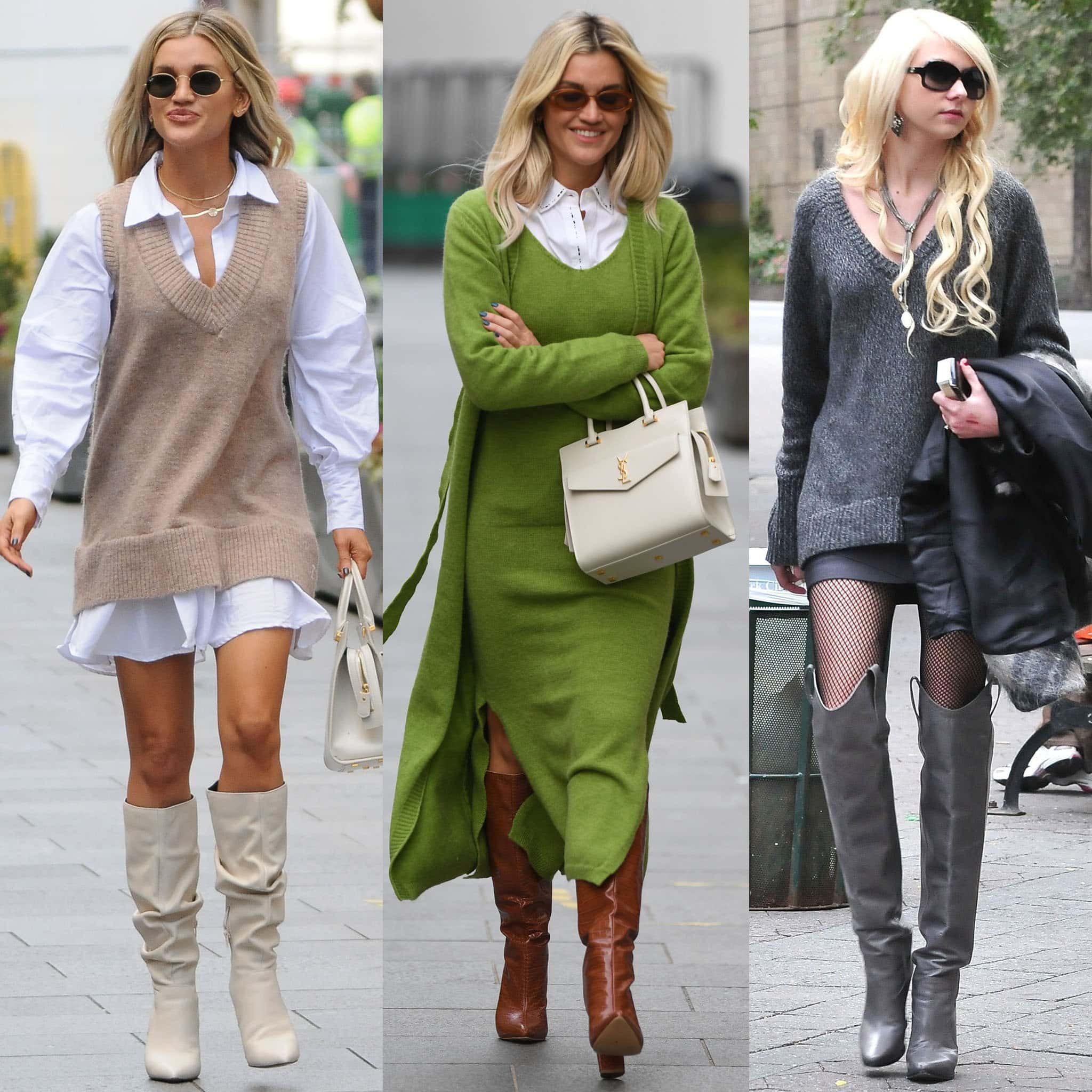 Sweater dresses look great with riding boots as shown by Ashley Roberts and Taylor Momsen