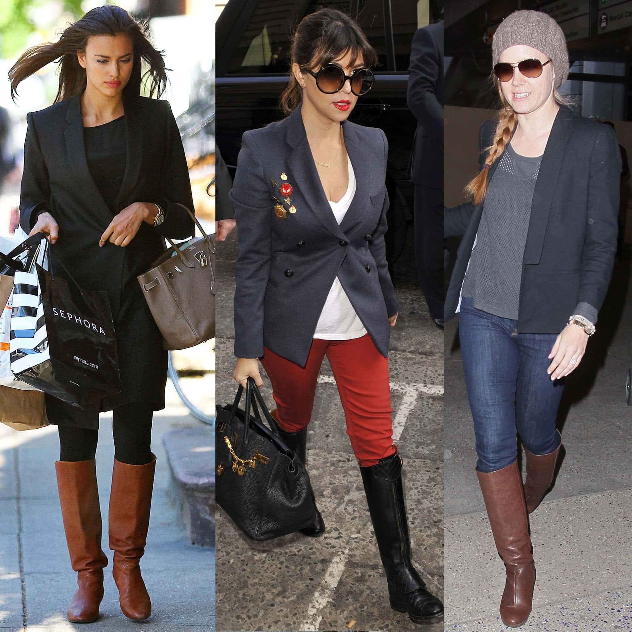 Style stars Irina Shayk, Kourtney Kardashian, and Amy Adams showcase riding boots with blazers for office elegance