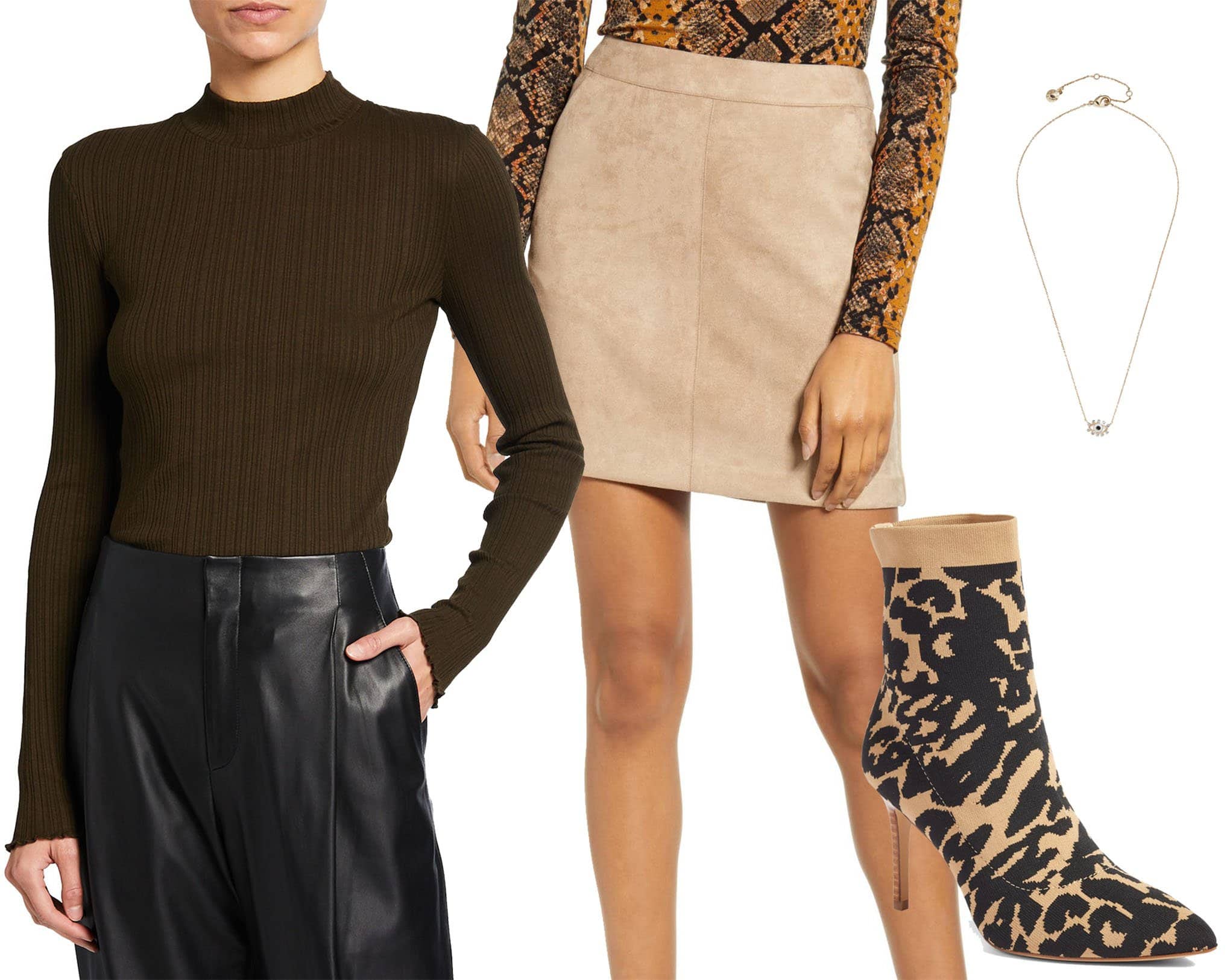 Vince Variegated Rib Mock-Neck Sweater, Vero Moda Donna Faux Suede Miniskirt, BaubleBar Delicate Evil Eye Necklace, Louise et Cie Silvya Sock Bootie