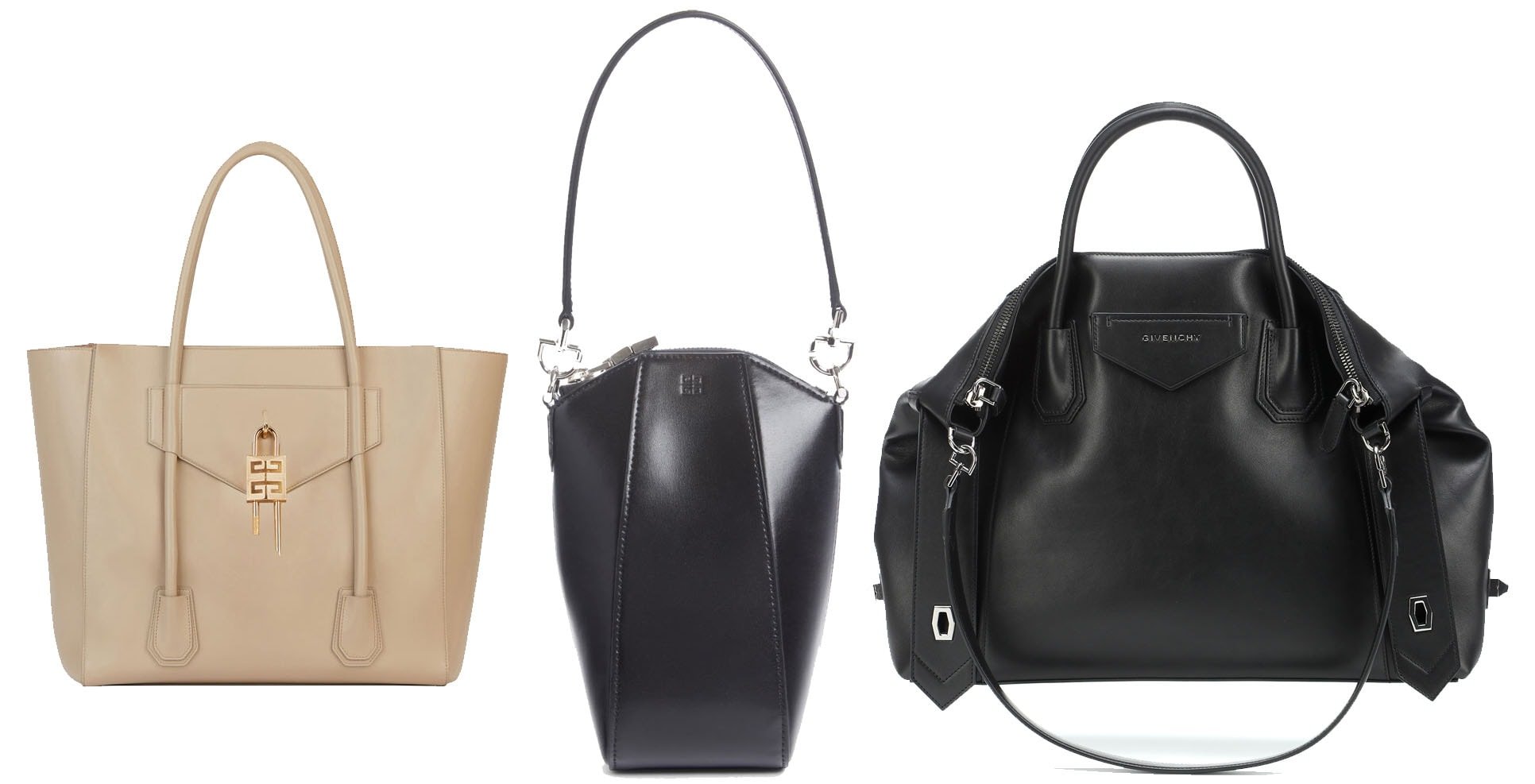 Givenchy Antigona soft shopper bag (left), mini vertical leather bag (middle), soft medium leather tote (right)