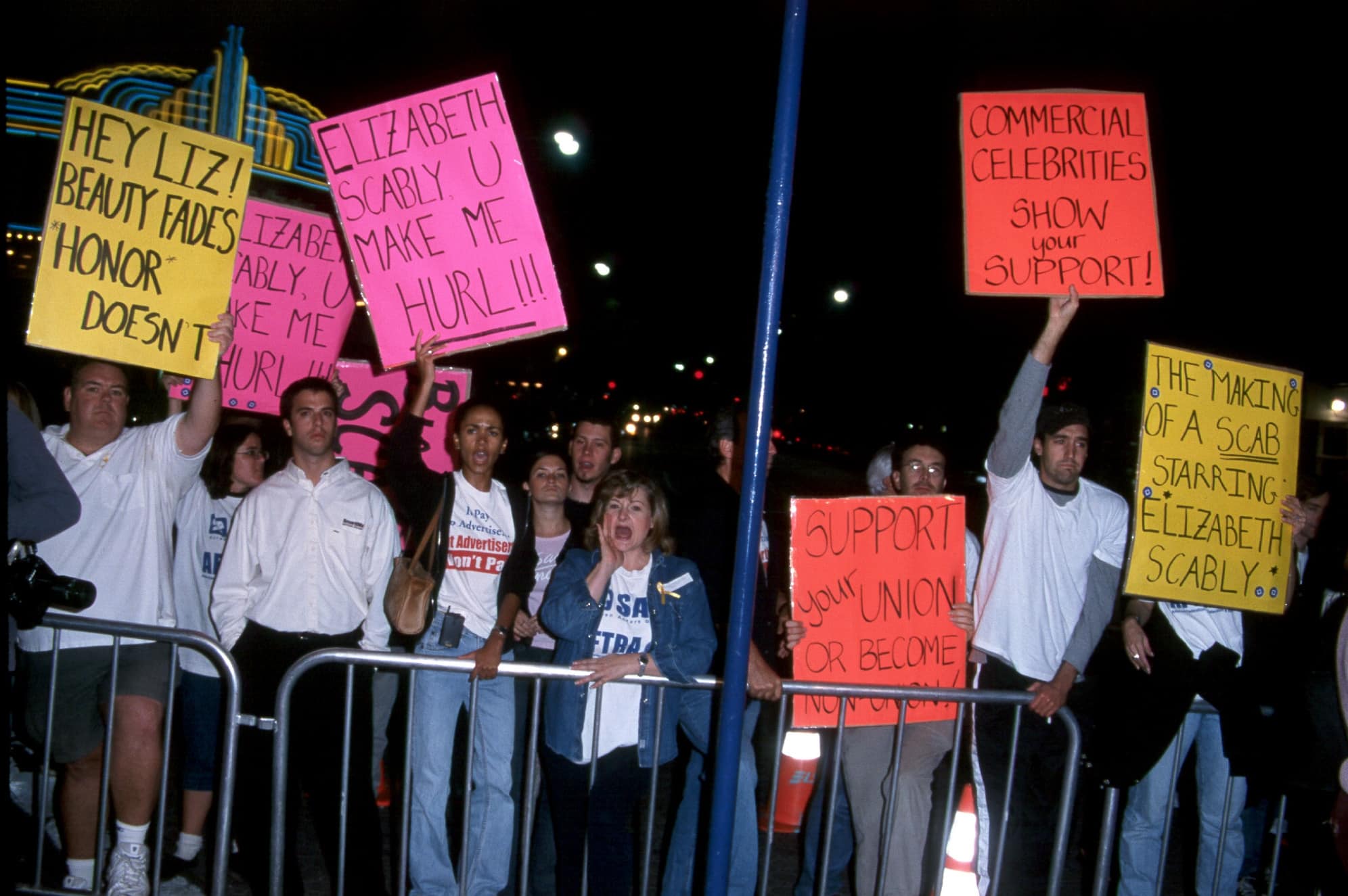 Elizabeth Hurley was met by protesters from the Screen Actors Guild at the premiere of Bedazzled at the Mann Village Theater in Hollywood