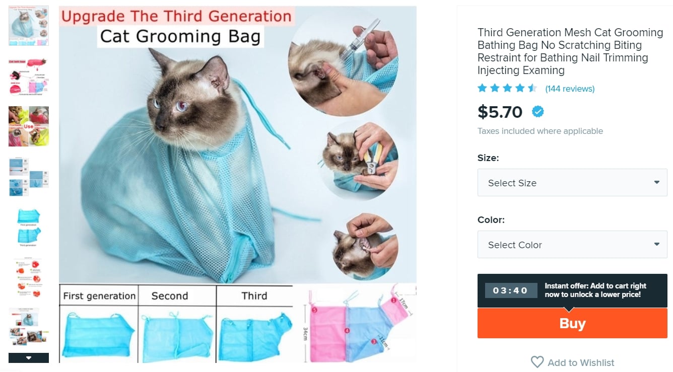 This cat grooming bath bag sold on Wish is meant for bathing and grooming cats