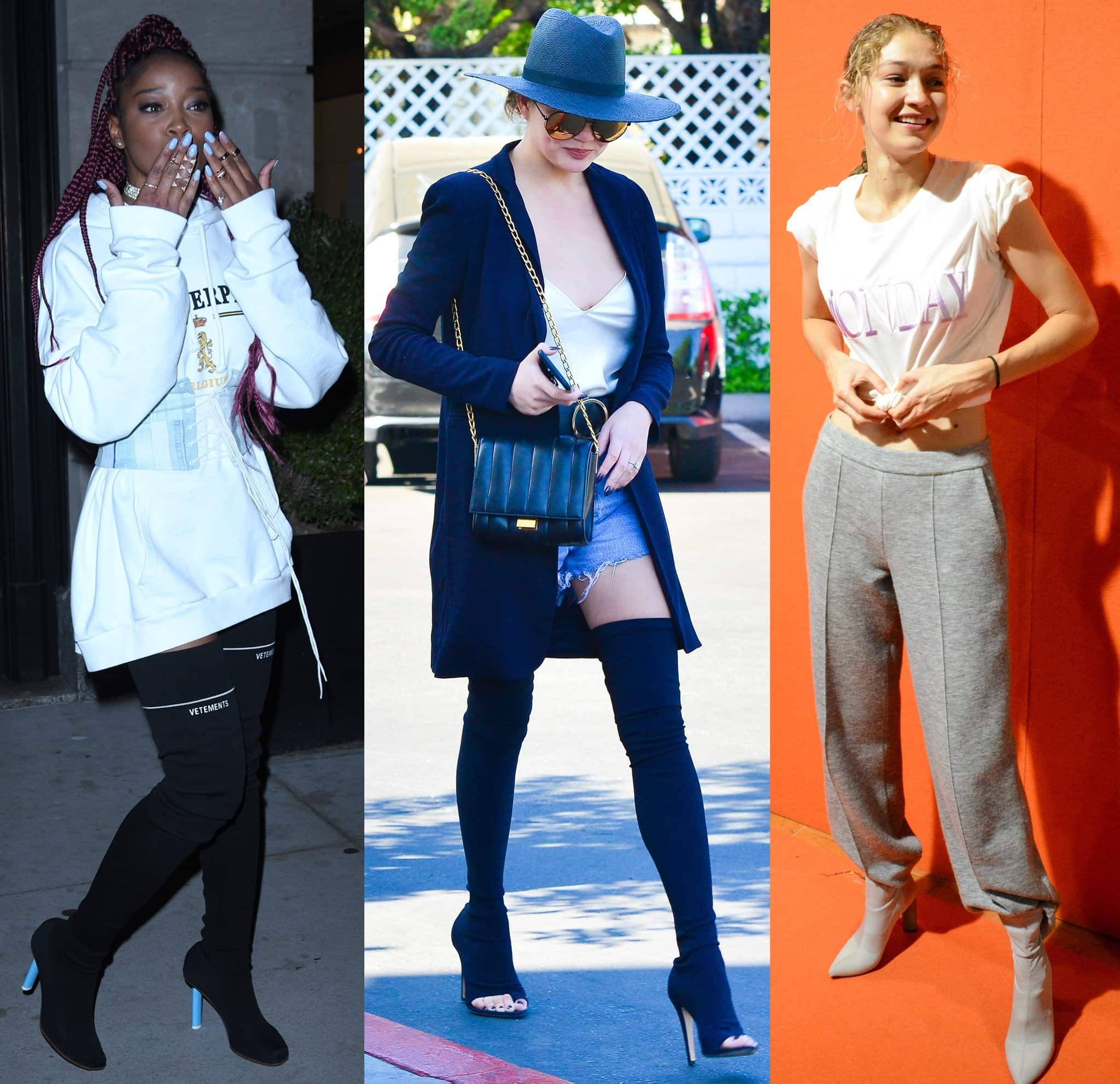 Keke Palmer, Chrissy Teigen, and Gigi Hadid wearing sock boots