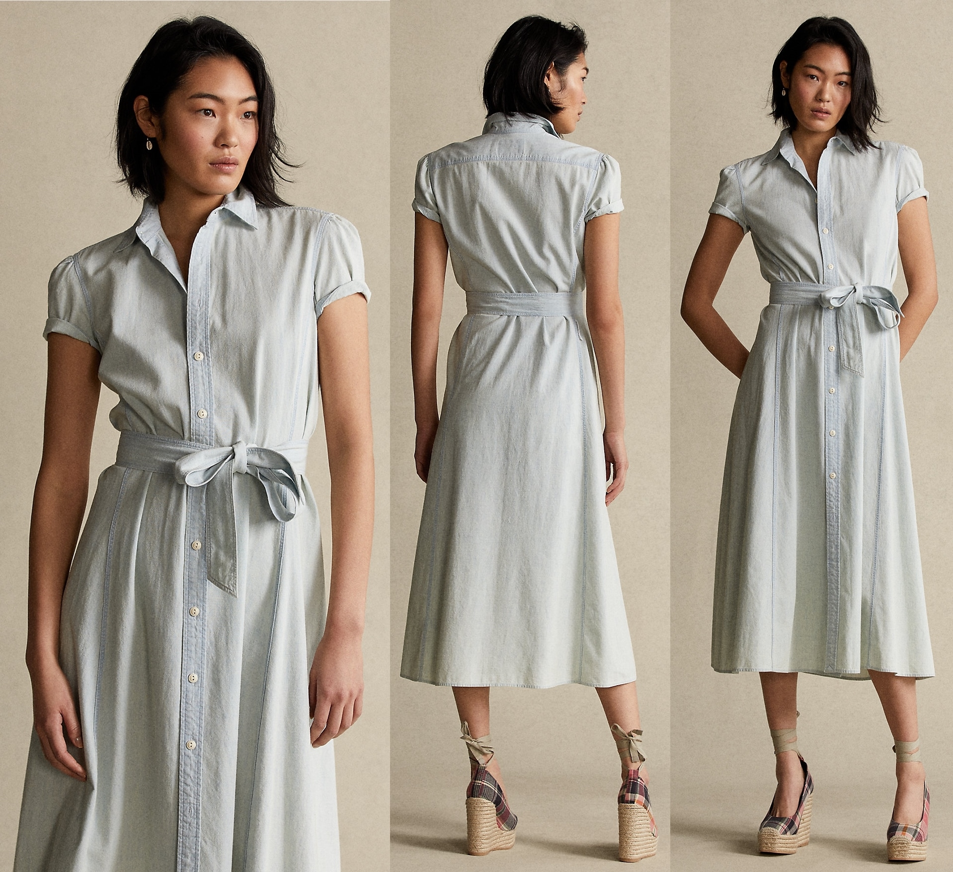 Presented in a casual chambray hue, this lightweight cotton shirtdress features a fluid A-line skirt and is accented with a self-belt at the waist