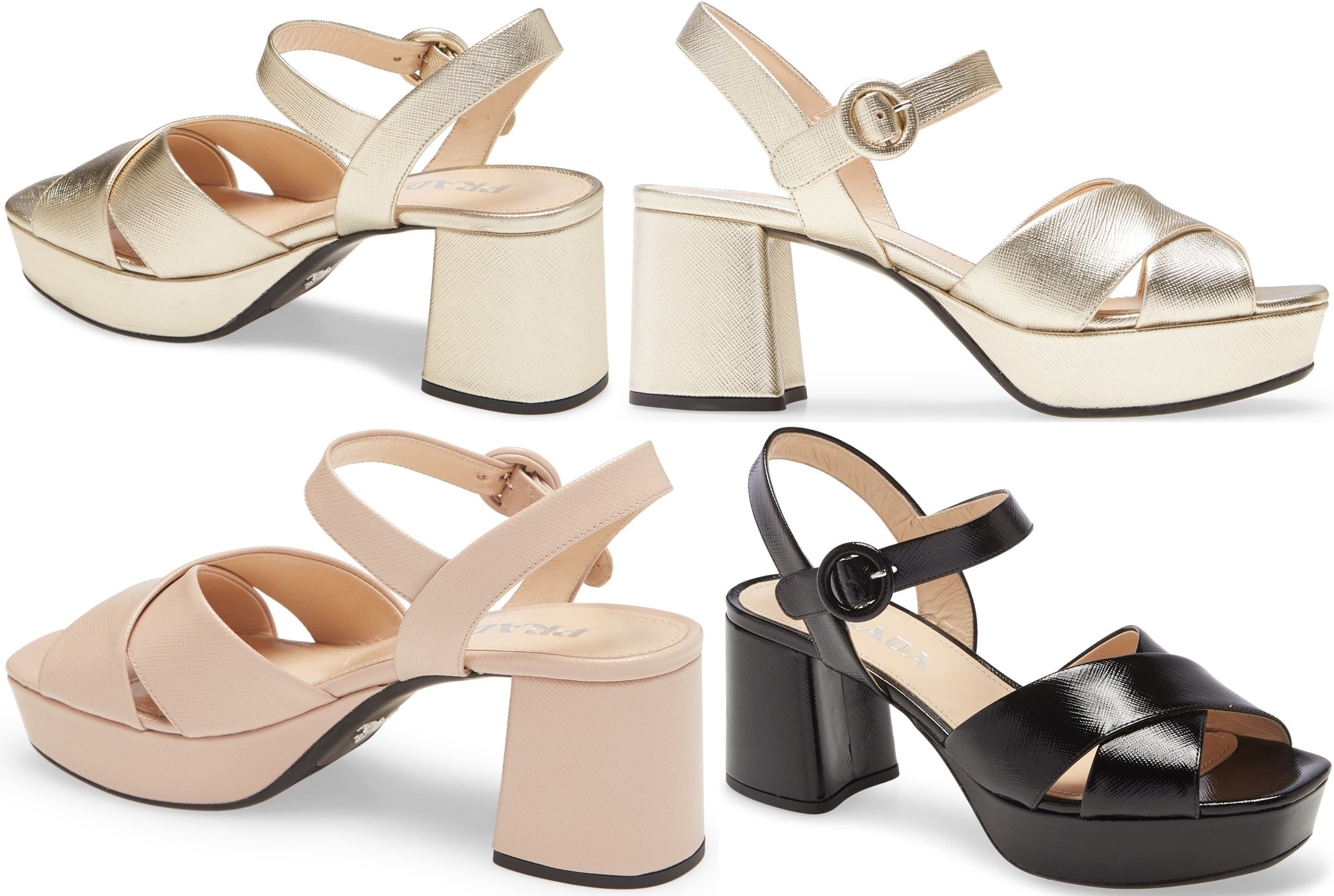 Wide crisscross straps at the vamp perfectly balance the chunky heel of this Saffiano-leather sandal with a wrapped platform and buckle for a sleek, tonal look