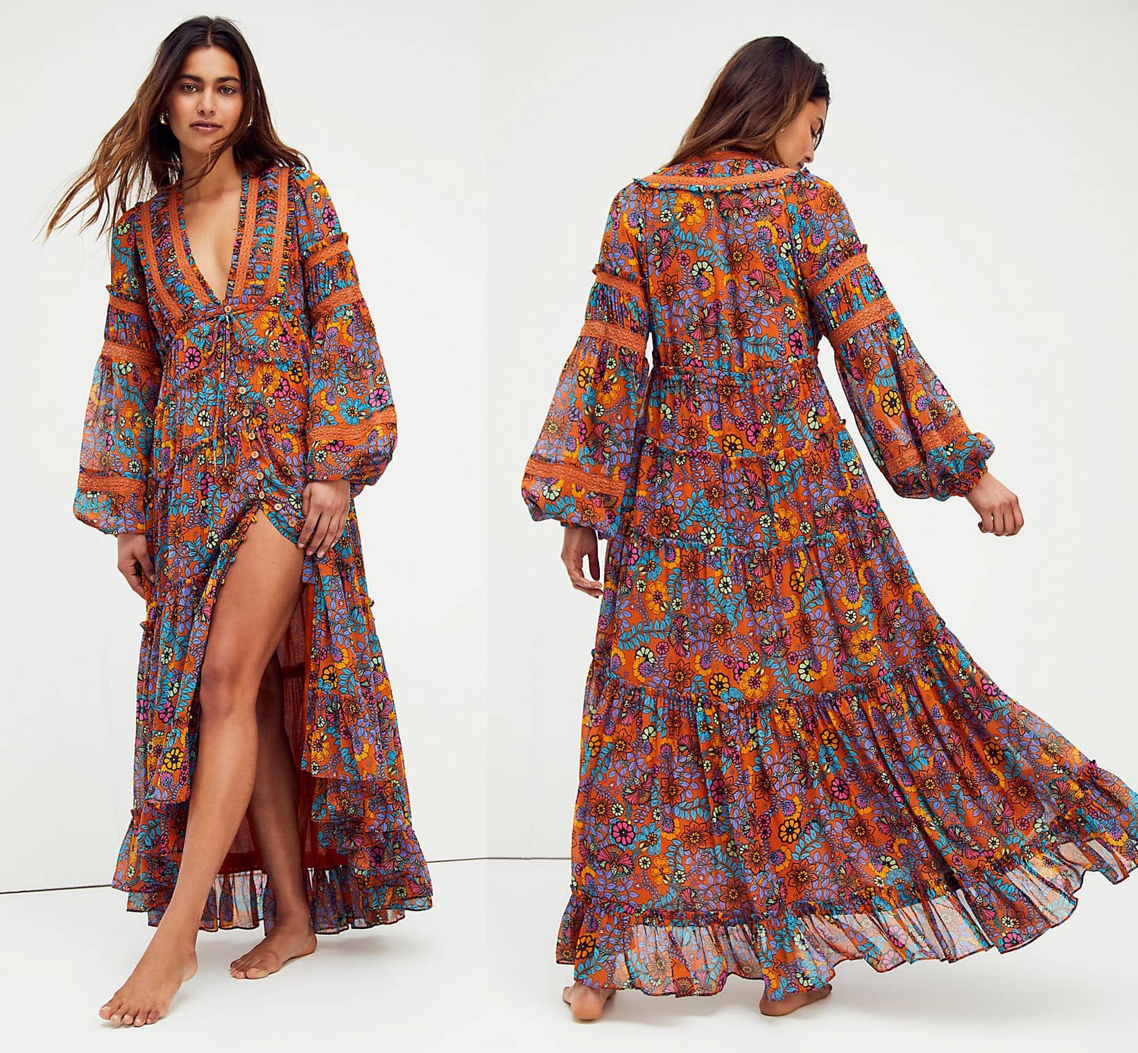 Go the boho route in this flowy floral tiered midi dress from Free People