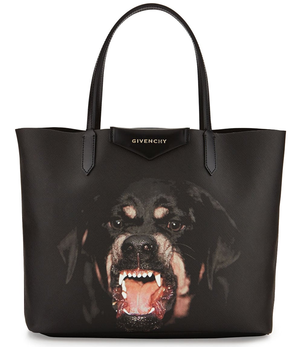 The Givenchy Antigona Rottweiler is a tote bag that has a distinct rottweiler print on the front