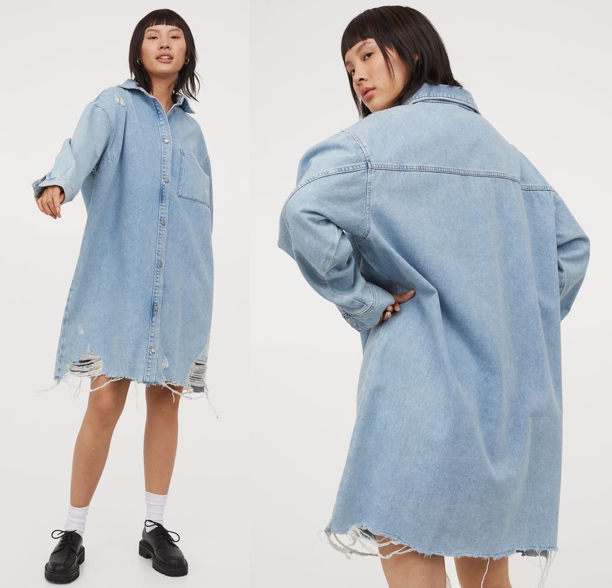 This oversized denim dress with shredded and frayed hem is a must-have for summer