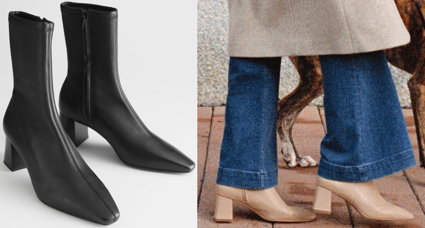 Leather sock boots with a pointed square-toe, cubic block heel, and topstitch detailing