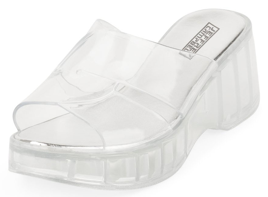 Elevate an outfit with Jeffrey Campbell's Jelli slide sandals with 1.25-inch curvy platforms and 2.25-inch chunky flared heels