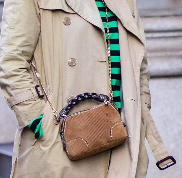 Katie Holmes carries a Chloe Mini Daria bag in brown corduroy