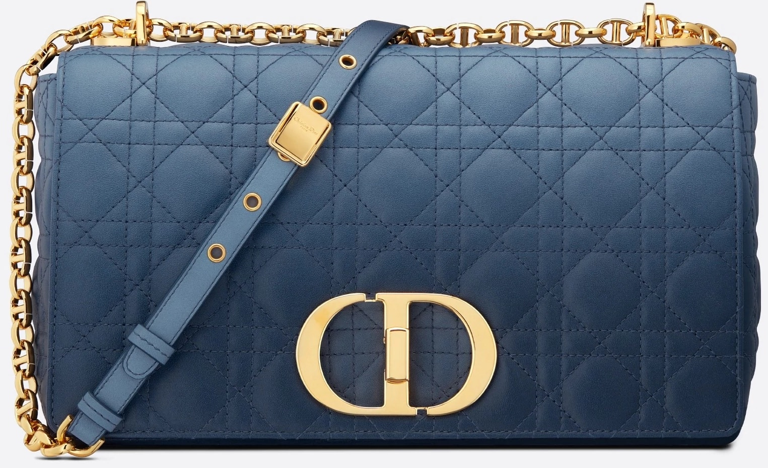 This Dior Caro bag in indigo blue lambskin costs $5,300 and combines modernity and timeless elegance