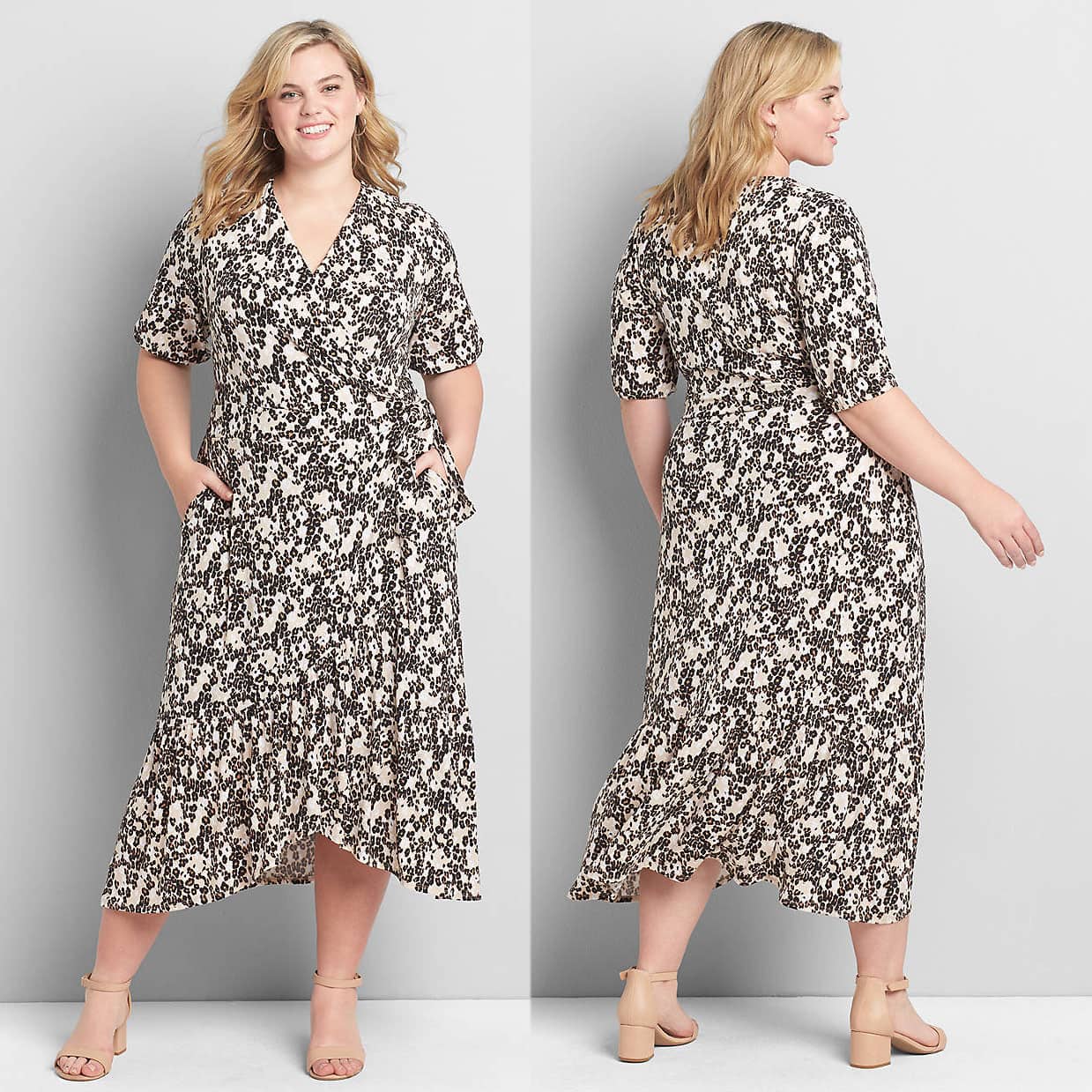 Lane Bryant's floral midi dress has a flattering faux-wrap silhouette, a v-neck, and a flowy wide ruffle along the hem