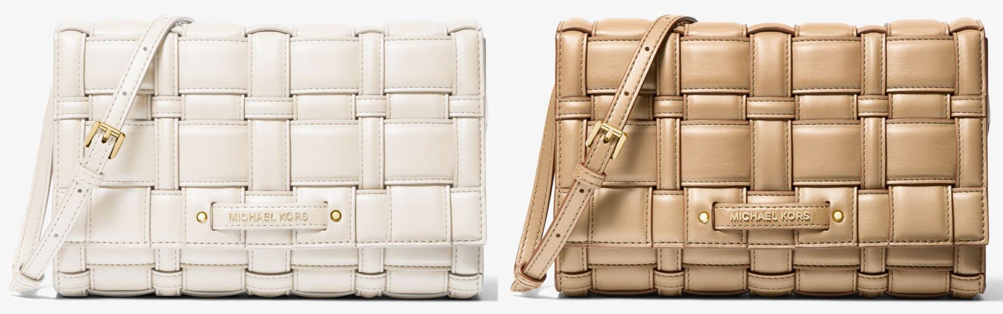 The luxurious architectural quilting defines the Michael Kors Ivy woven crossbody bag