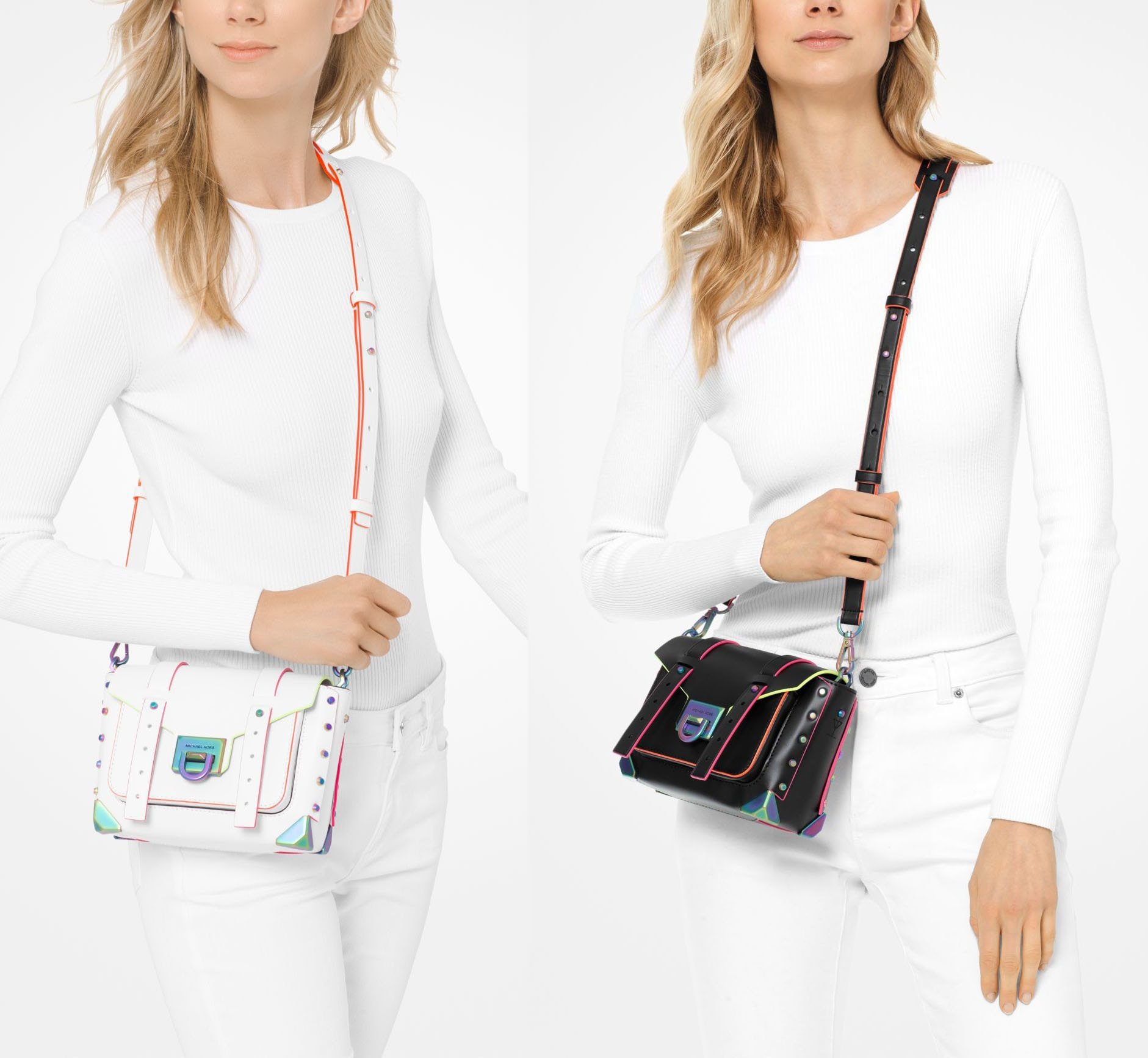 Available in three colors, the Manhattan crossbody bag features chic neon contrasting trims and iridescent metal hardware