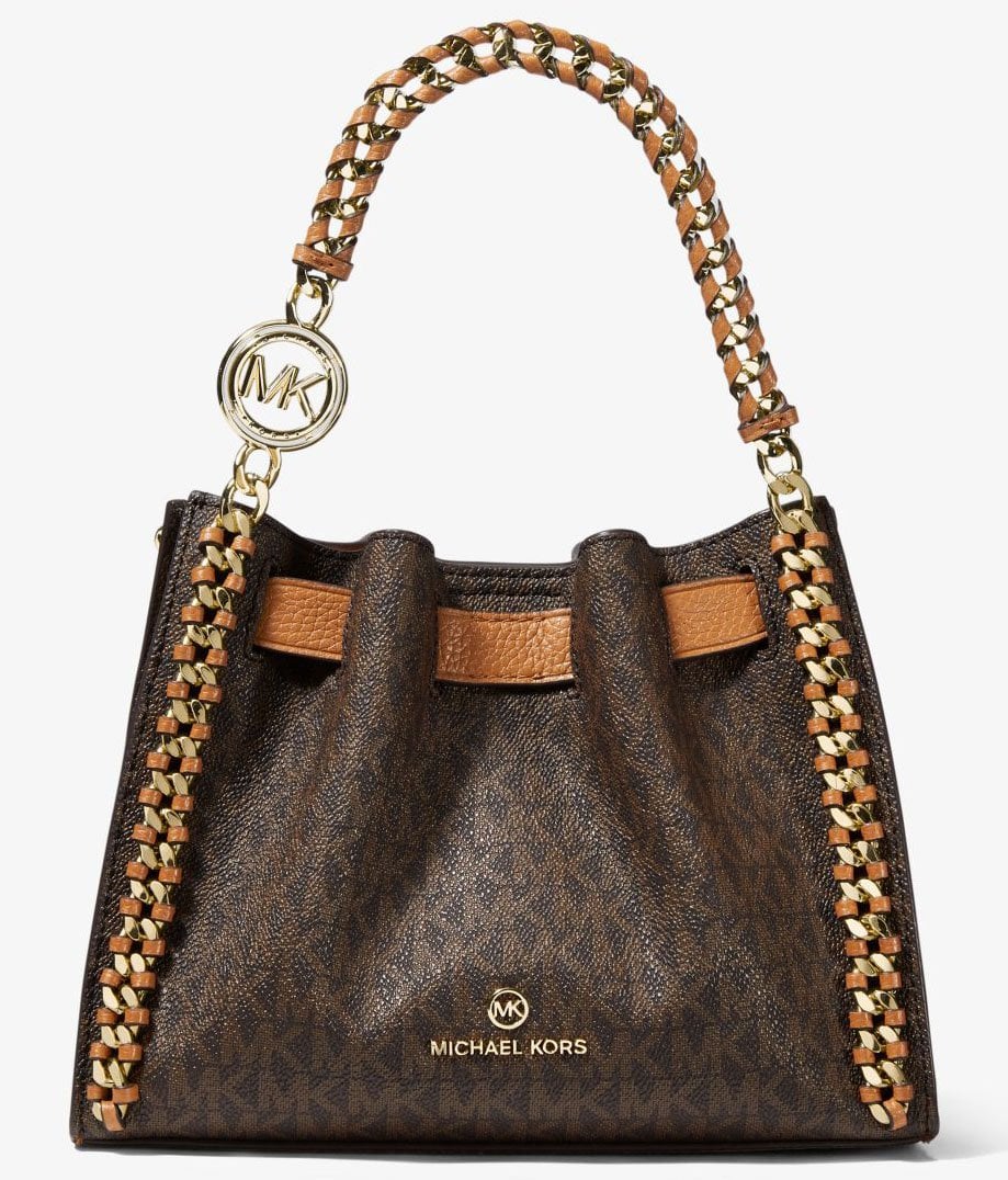 Redefining classic satchel silhouette, the Michael Kors Mina features eye-catching braided chain accents on logo-print coated canvas