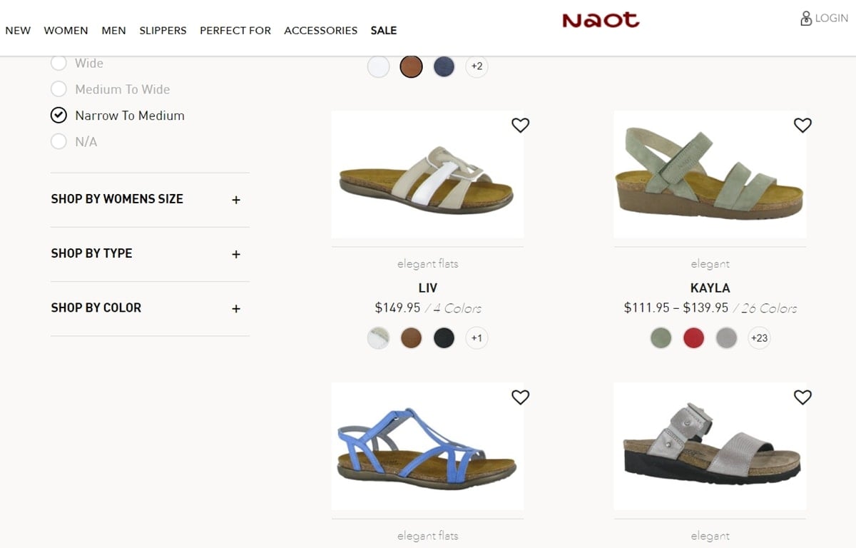 Naot is known for its focus on comfort and style, but it doesn't explicitly list shoes by width on its website