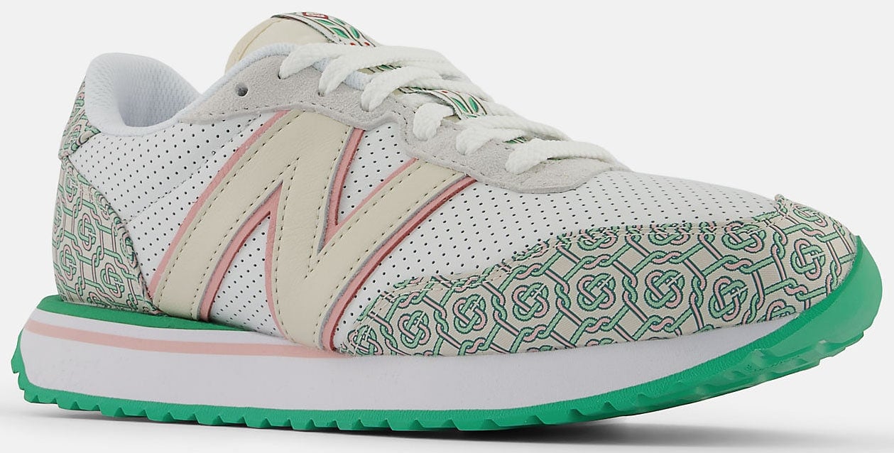 The New Balance and Casablanca 237 shoe collaboration features monogram prints and N branding done in the label's signature colors