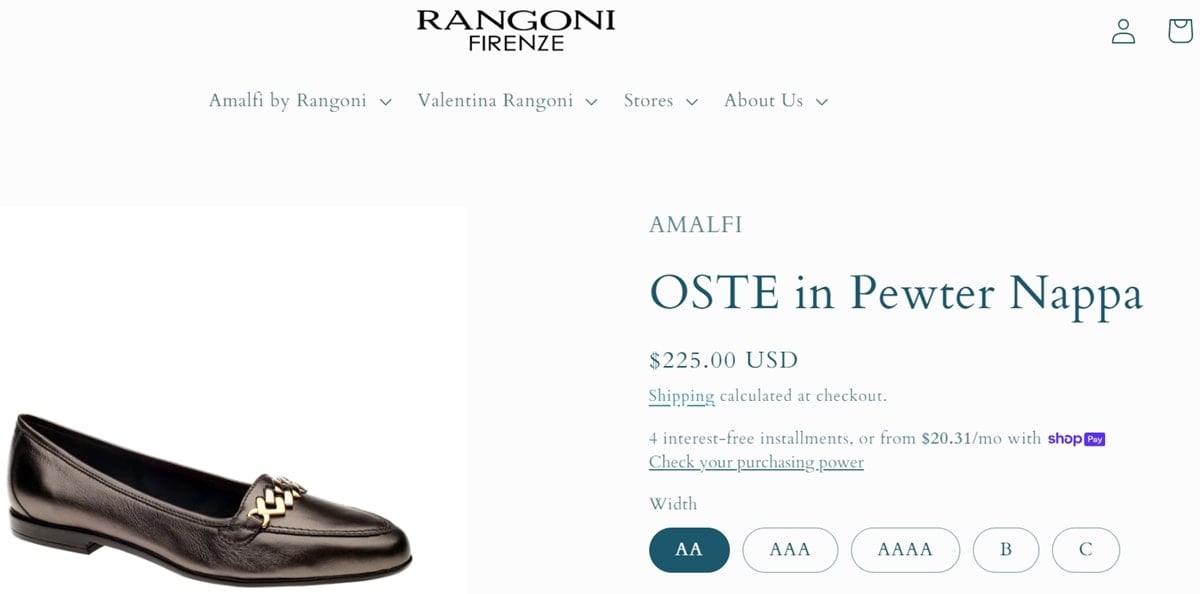 Rangoni Firenze provides footwear with narrow width options, going beyond standard sizing by incorporating a letter code to indicate various widths alongside the traditional shoe size