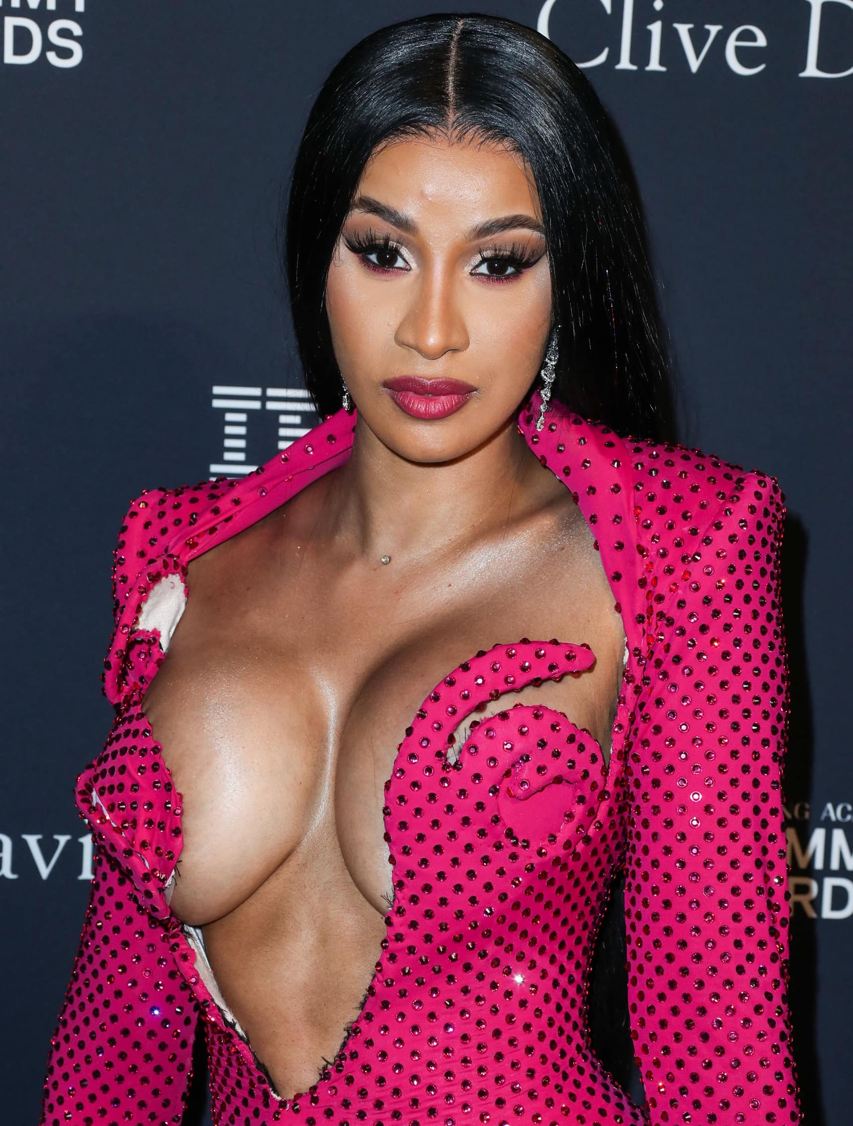 Rapper Cardi B wearing a Nicolas Jebran dress arrives at The Recording Academy And Clive Davis' 2020 Pre-GRAMMY Gala