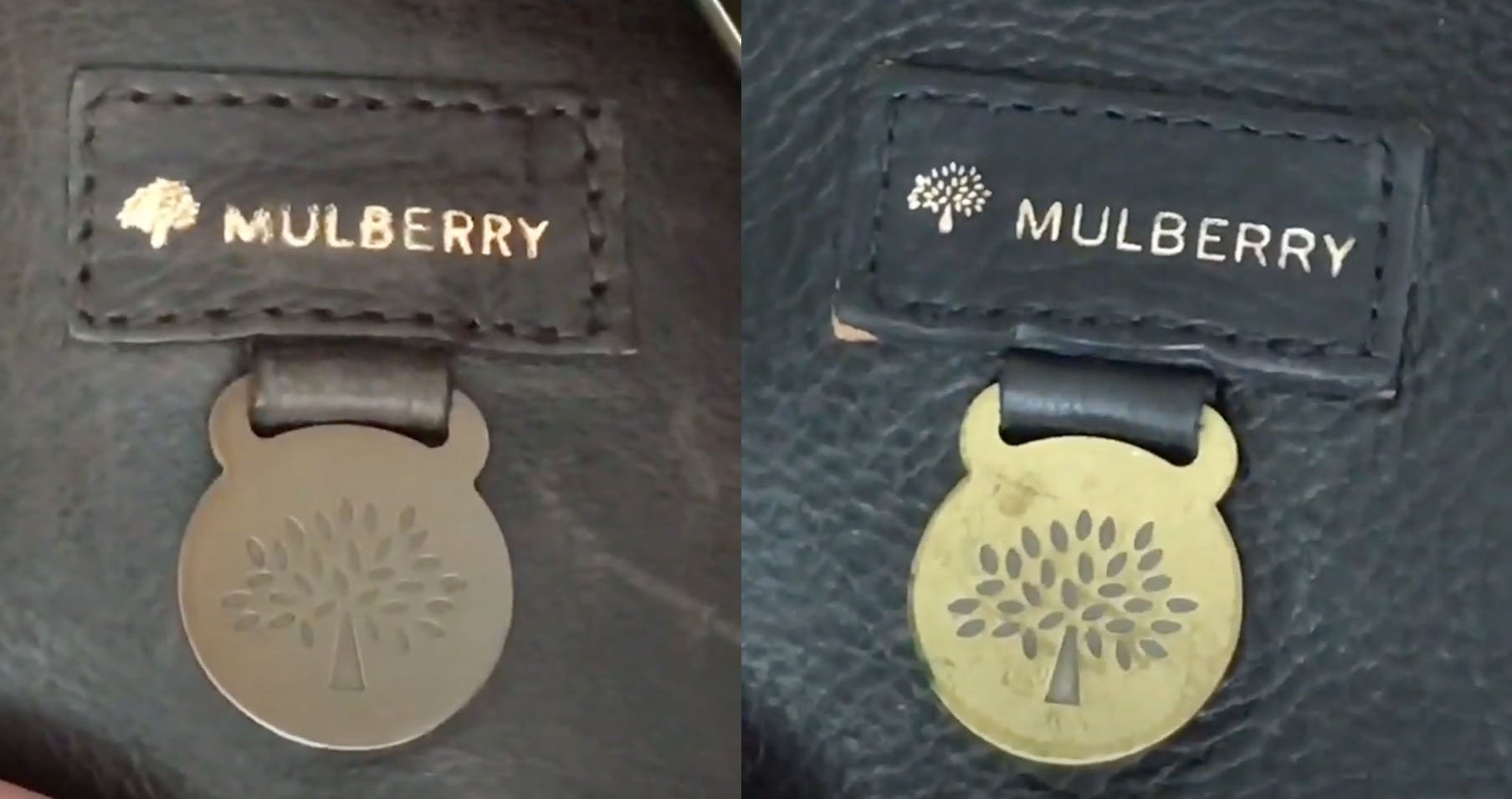 Done in the label's signature Sans Serif font, the Mulberry heat stamp on the real Mulberry handbag (left) is thicker compared to the fake one (right) as seen on Chicprofessor's YouTube channel