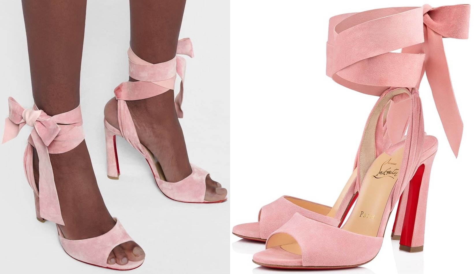 In a dusty pink hue, the peep-toe style is made from suede with ankle ties that resemble oversized ribbon-bows