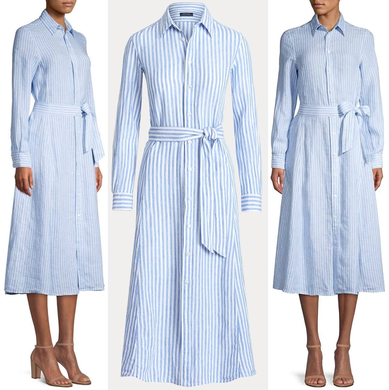 Lightweight linen brings ease of movement to this striped shirtdress, which features a fluid A-line skirt and is accented with a self-belt at the waist