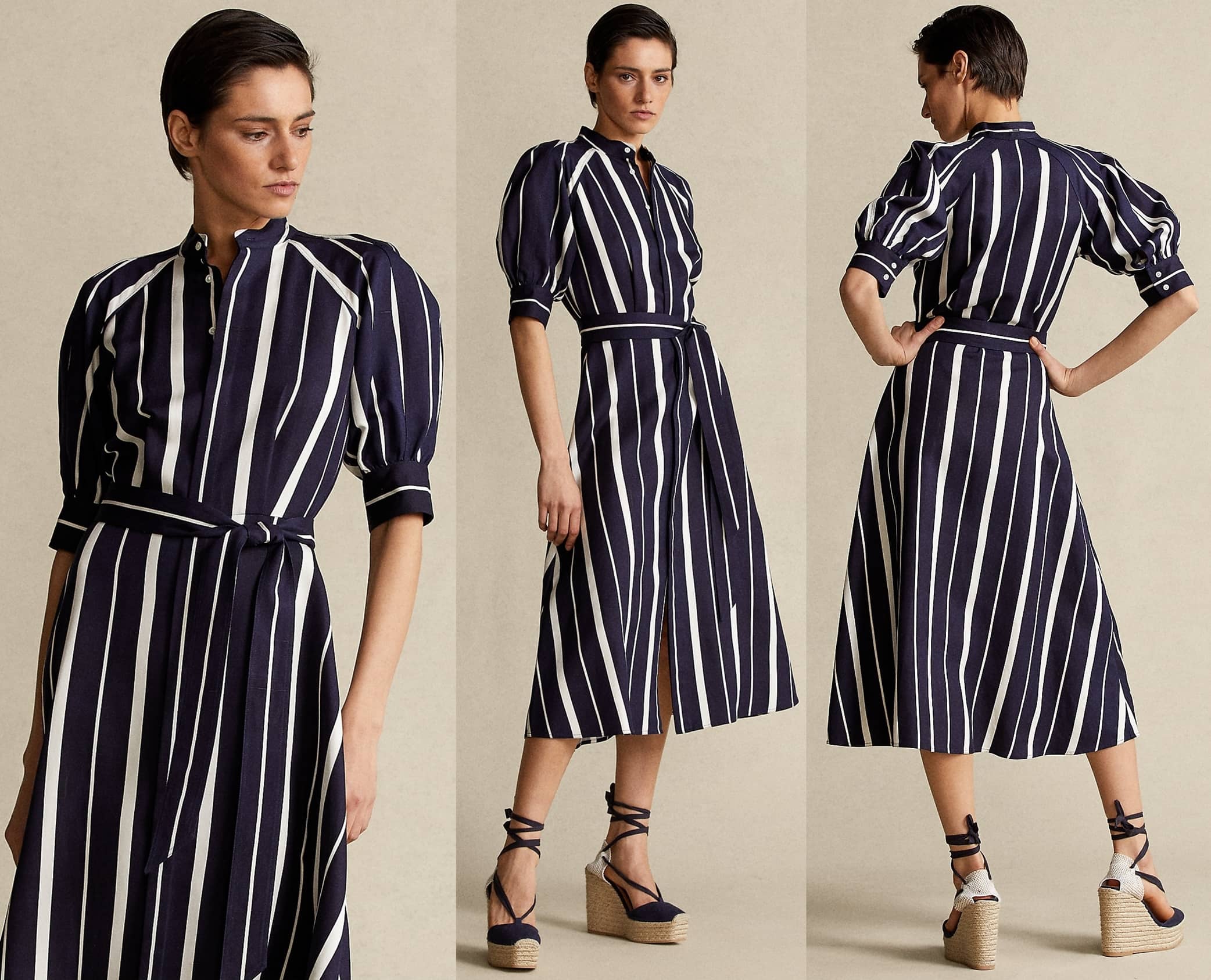 Cut for an A-line silhouette, this navy/cream stripe dress is crafted from pure silk for a fluid drape and easy movement