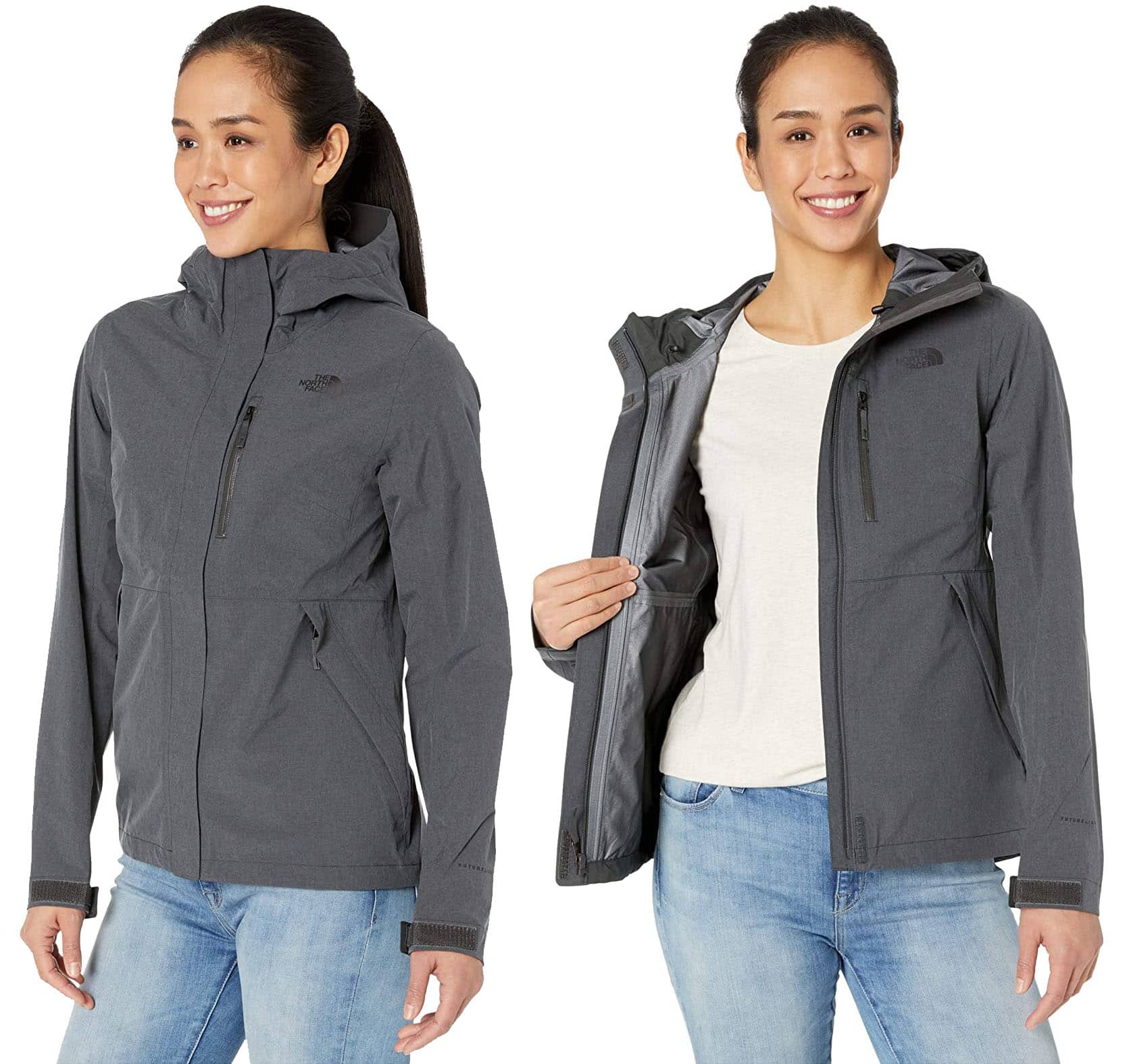 Made from recycled fabric, this lightweight rain jacket provides full coverage with an adjustable hood and hook-and-loop cuff tabs