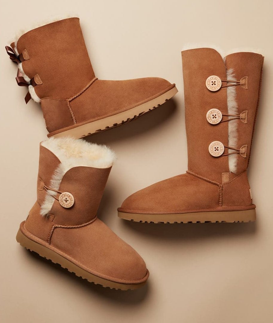 The Ugg Bailey Button II features a waterproof upper with shearling lining, a foam-cushioned footbed, and a button-and-loop closure