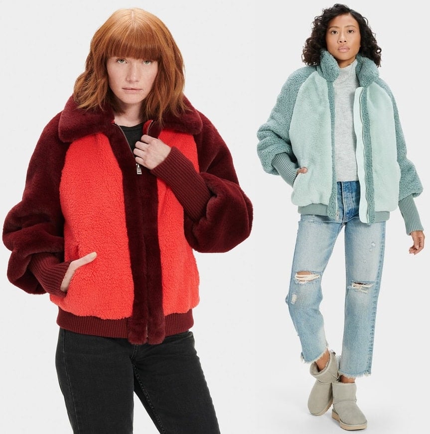 You'll love cozying up in this plush color-blocked jacket boasting an oversized silhouette accented with slouchy balloon sleeves and elongated rib-knit trim