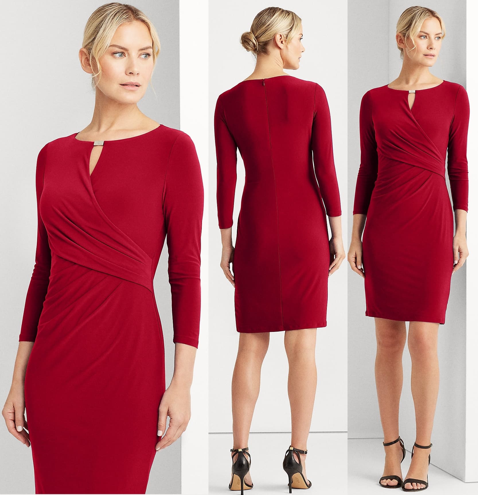 The ideal day-to-night look, this lipstick-red jersey dress is designed with a wrap-style bodice to complement the waist and finished with a gold-tone "LRL"-engraved metal plate at the neck