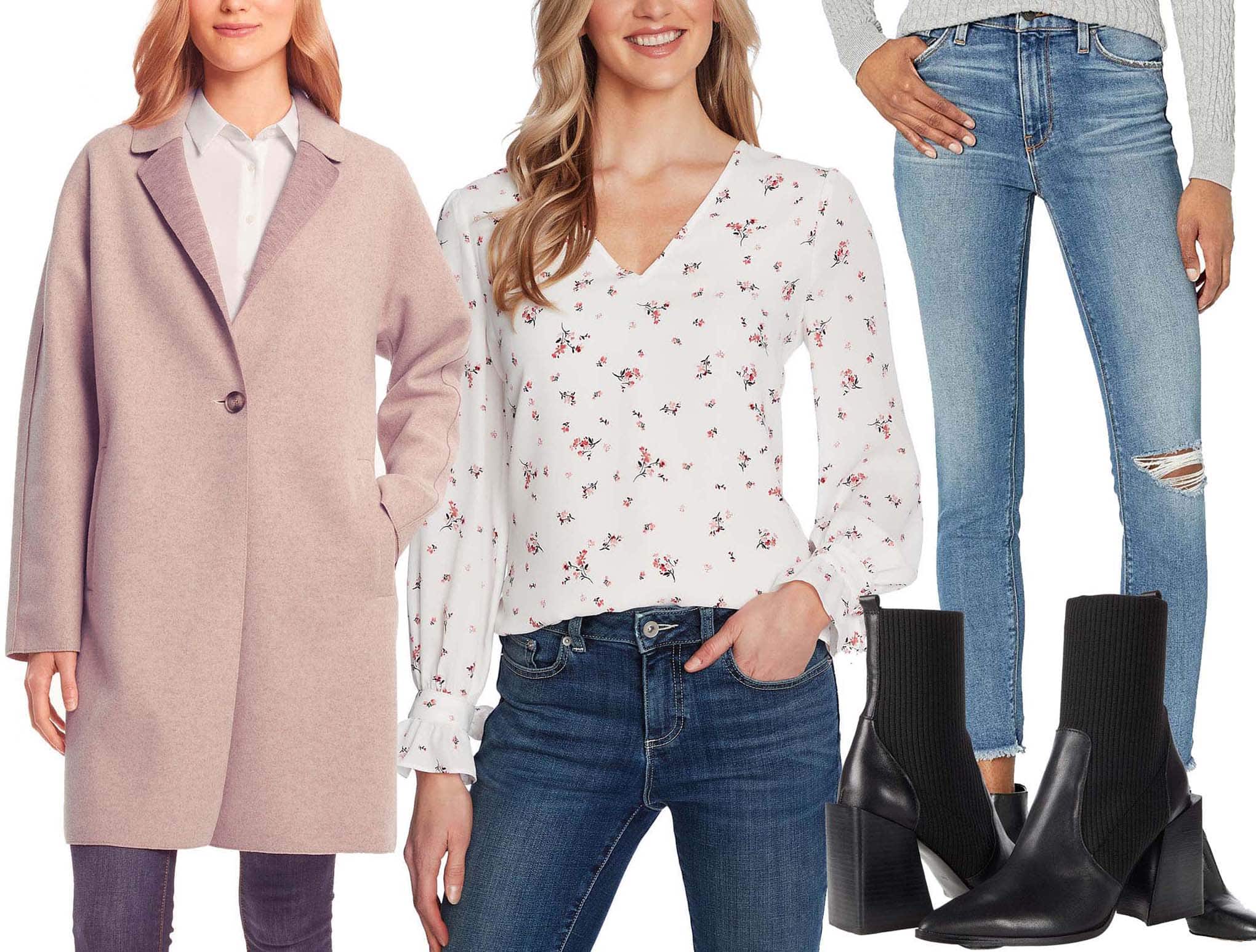 Bernardo Sweater Coat, CeCe Breezy Springs Ruffle Trim Floral Print Crepe Blouse, Hudson Jeans Barbara High-Waist Super Skinny Ankle in Destructed Padua, Steve Madden Tackle Ankle Sock Boots