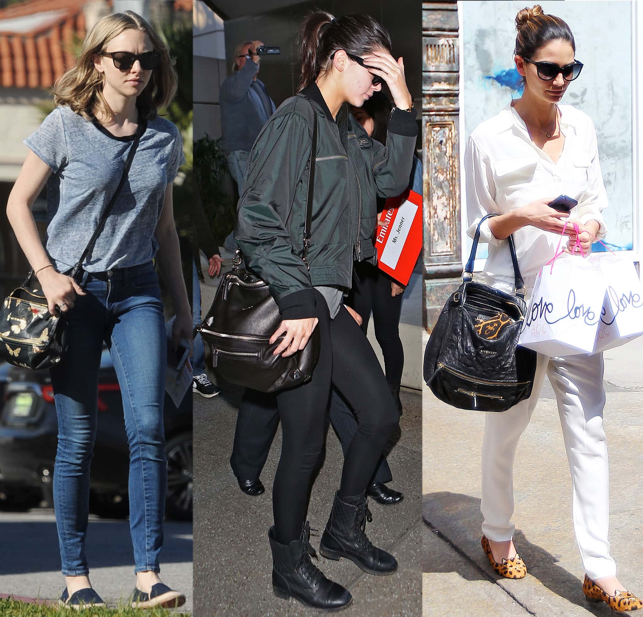 Amanda Seyfried, Kendall Jenner, and Lily Aldridge carrying different styles of the Givenchy Pandora bag