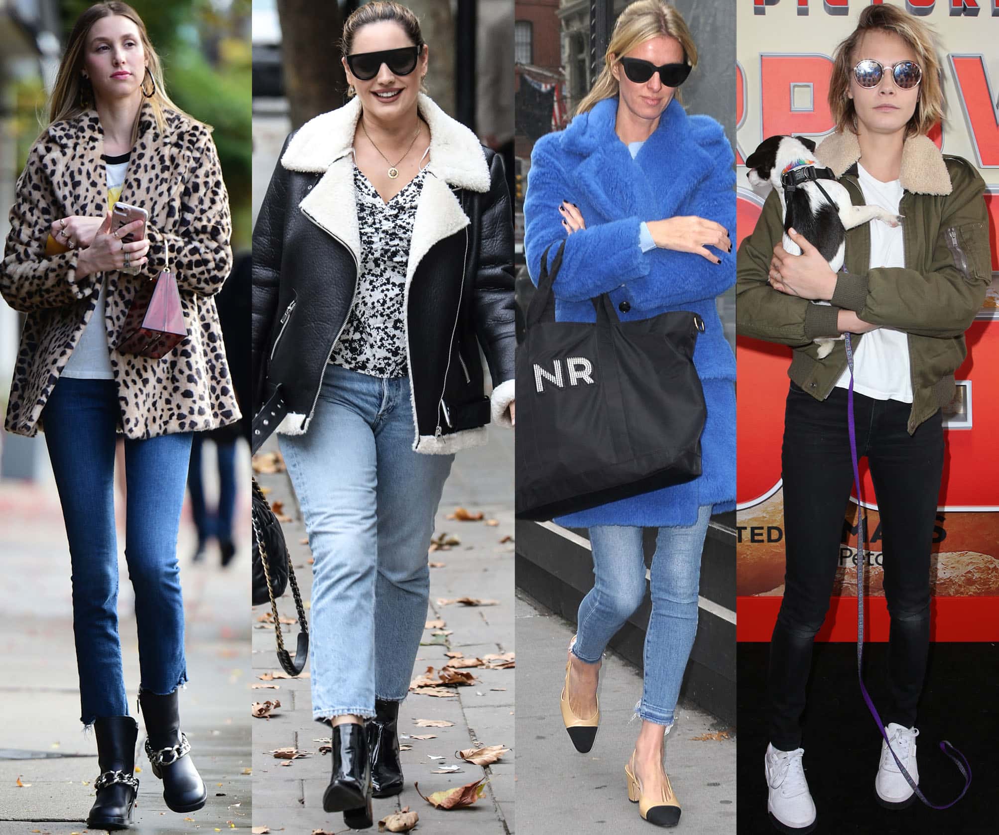 Fashion Icons in Casual Elegance: Whitney Port, Kelly Brook, Nicky Hilton, and Cara Delevingne showcase the timeless trend of pairing fleece jackets with jeans, epitomizing effortless style