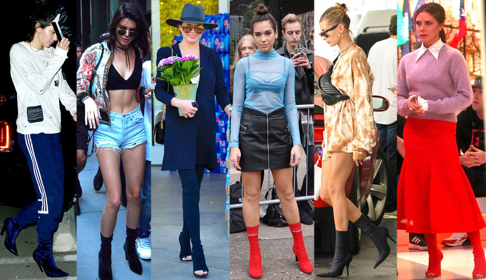 Kendall Jenner, Chrissy Teigen, Dua Lipa, Hailey Bieber, and Victoria Beckham wearing different styles of sock boots