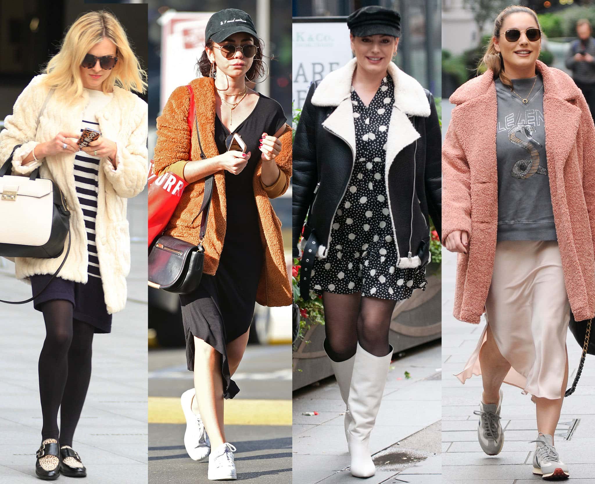 Elegant and Versatile: Fearne Cotton, Sarah Hyland, and Kelly Brook illustrate the art of dressing up, layering fleece jackets over dresses for a look that's both sophisticated and cozy